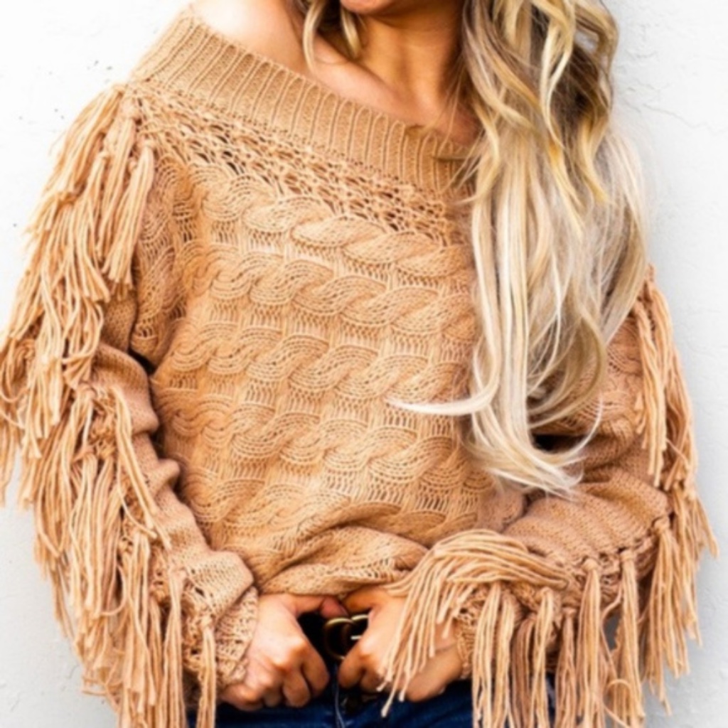 #19 Cozy Fringe Off The Shoulder Oversized Knit Sweater